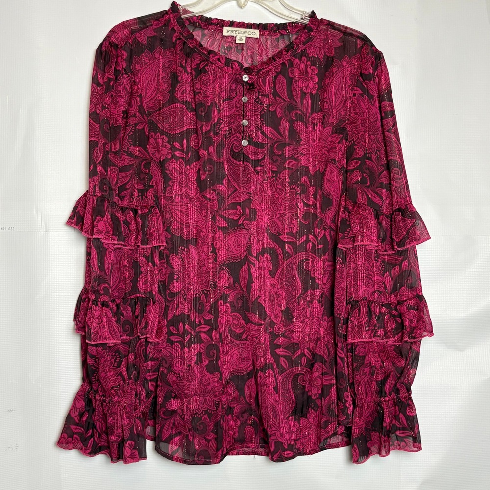 Frye and Co XL Magenta Paisley Ruffle Sleeve Metallic Lurex Popover Blouse Top
